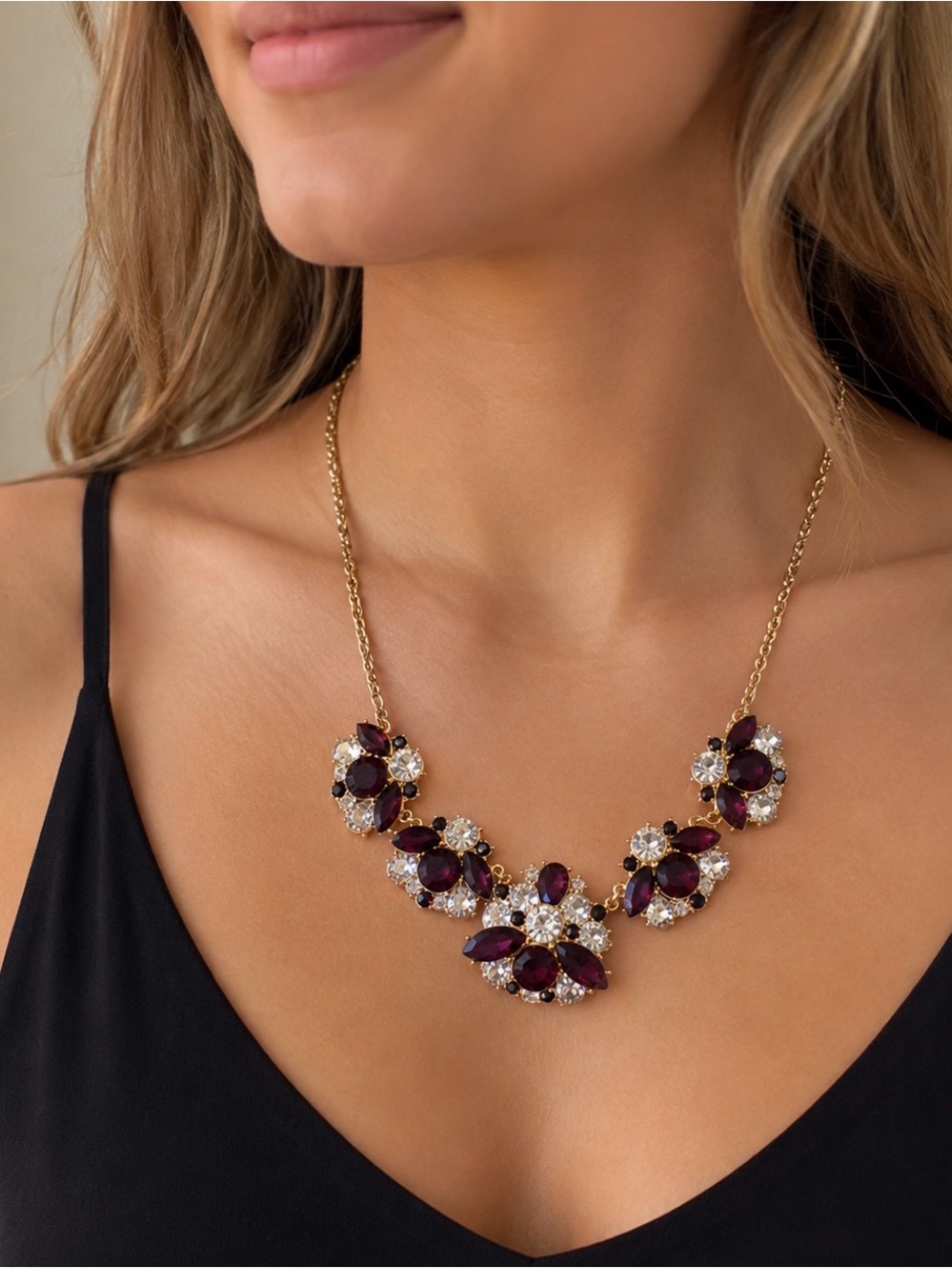 Charter Club Gold-Tone Necklace with Deep Garnet and Clear Crystal Clusters